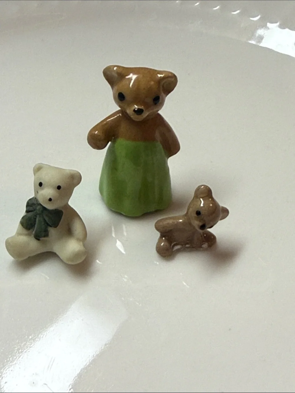 Vintage miniature Ceramic teddyBear Figurine Set with Green Dress - Hagen Renakr